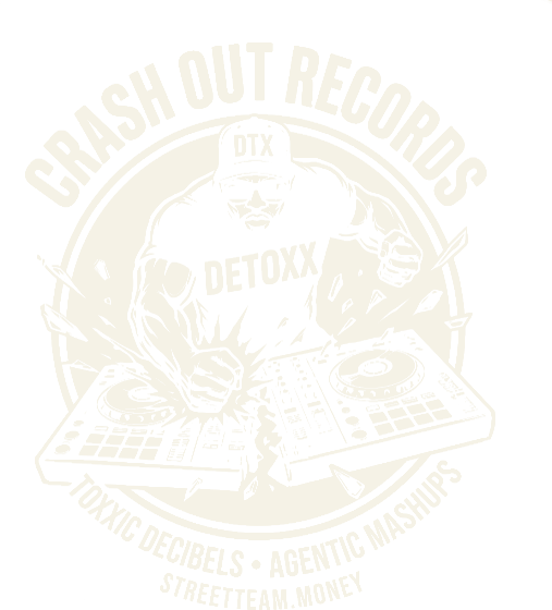 Crash Out Records emblem — a producer smashing a drum machine, vinyl and lightning bursting behind him